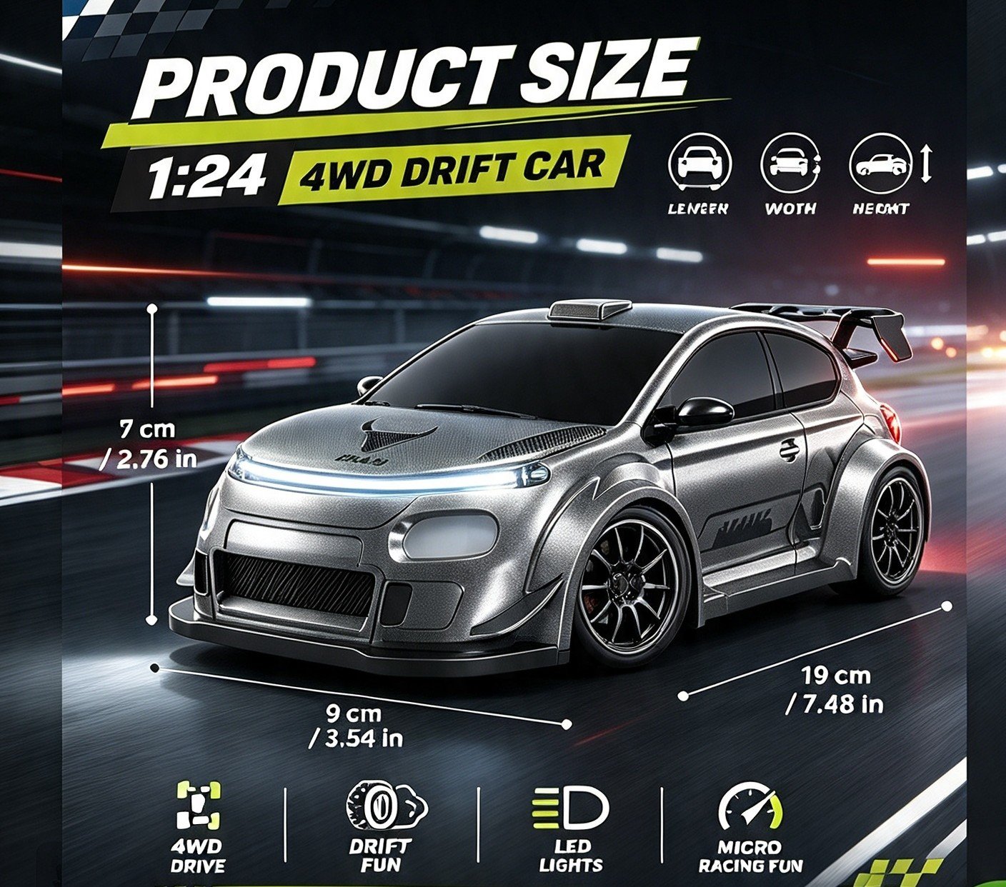 1:24 RC Rally Inspired Drift Racing Car 20kmh Iconic Rally Inspired Drift Car Racer Green - Image 3